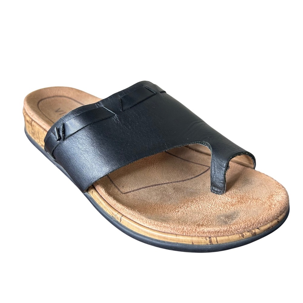 Vionic Sandals 7 Cindy Nat Black Leather Toe Loop Cork Slide